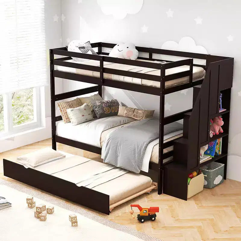 Letto a Castello in Legno Twin su Twin con Letto Estraibile, Scala Contenitore e Convertibile
