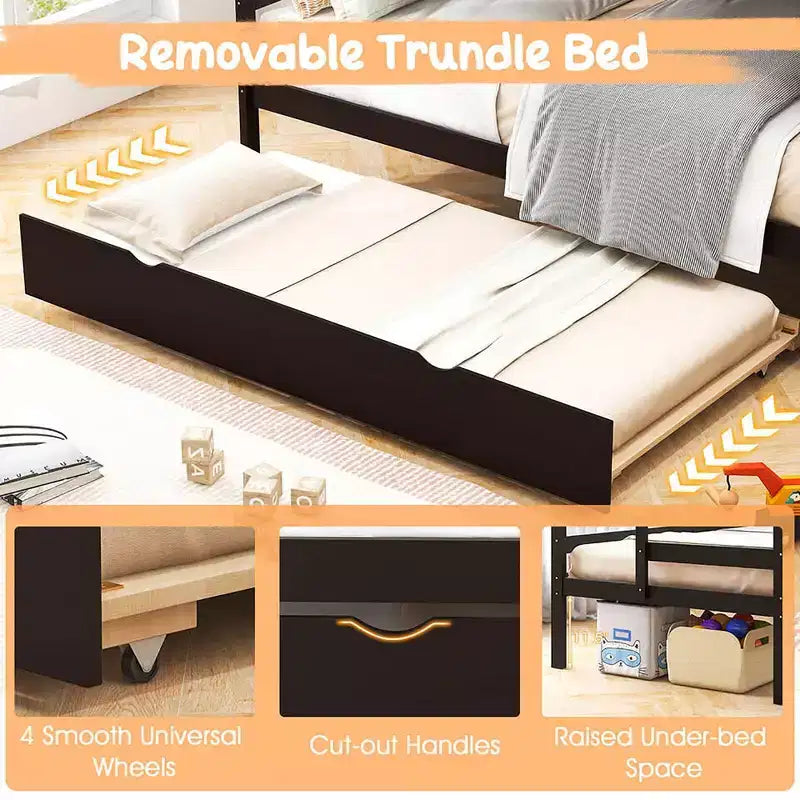 Letto a Castello in Legno Twin su Twin con Letto Estraibile, Scala Contenitore e Convertibile