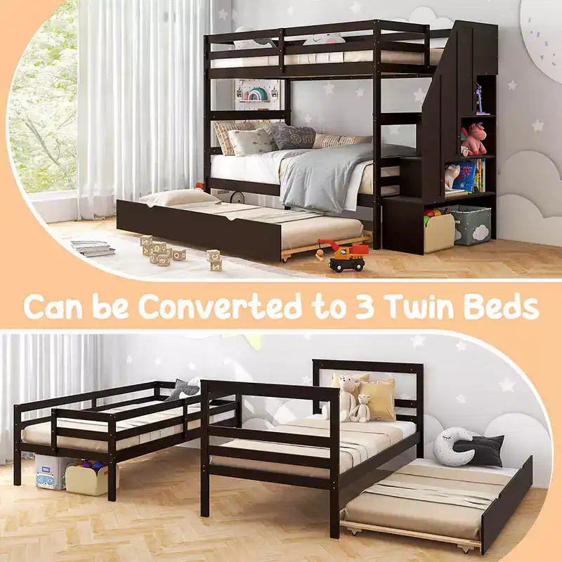 Letto a Castello in Legno Twin su Twin con Letto Estraibile, Scala Contenitore e Convertibile