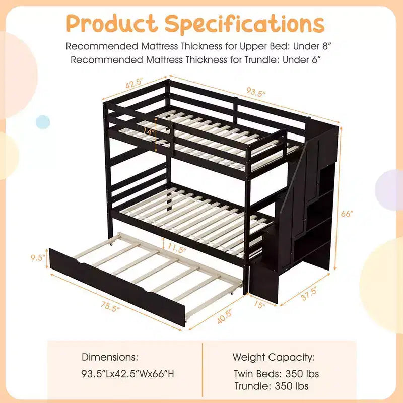 Letto a Castello in Legno Twin su Twin con Letto Estraibile, Scala Contenitore e Convertibile