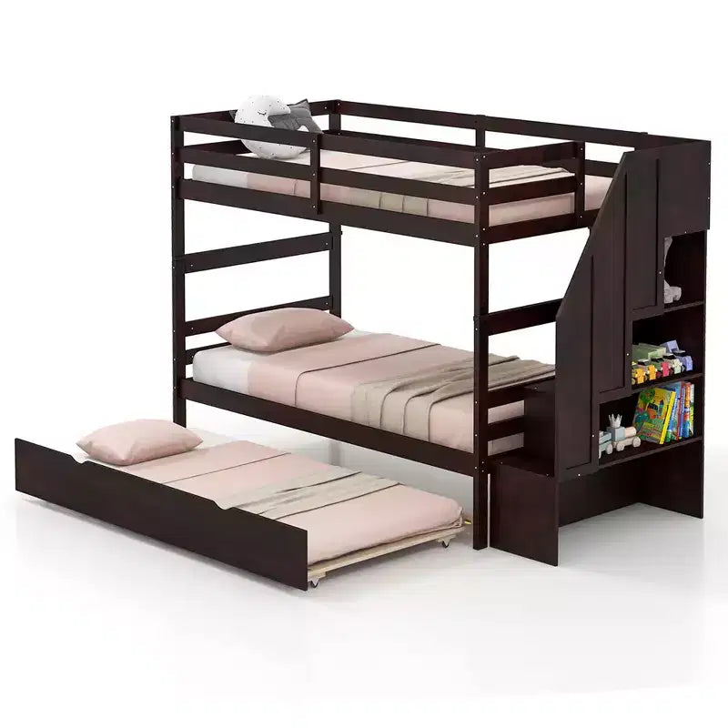 Costway Twin over Twin Wooden Bunk Bed w/ Trundle Storage Stairs Convertible