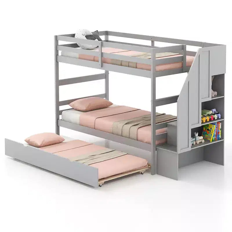 Letto a Castello in Legno Twin su Twin con Letto Estraibile, Scala Contenitore e Convertibile