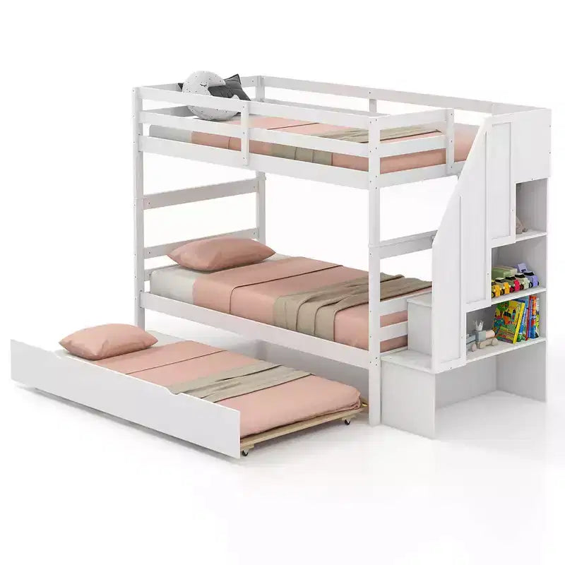 Letto a Castello in Legno Twin su Twin con Letto Estraibile, Scala Contenitore e Convertibile