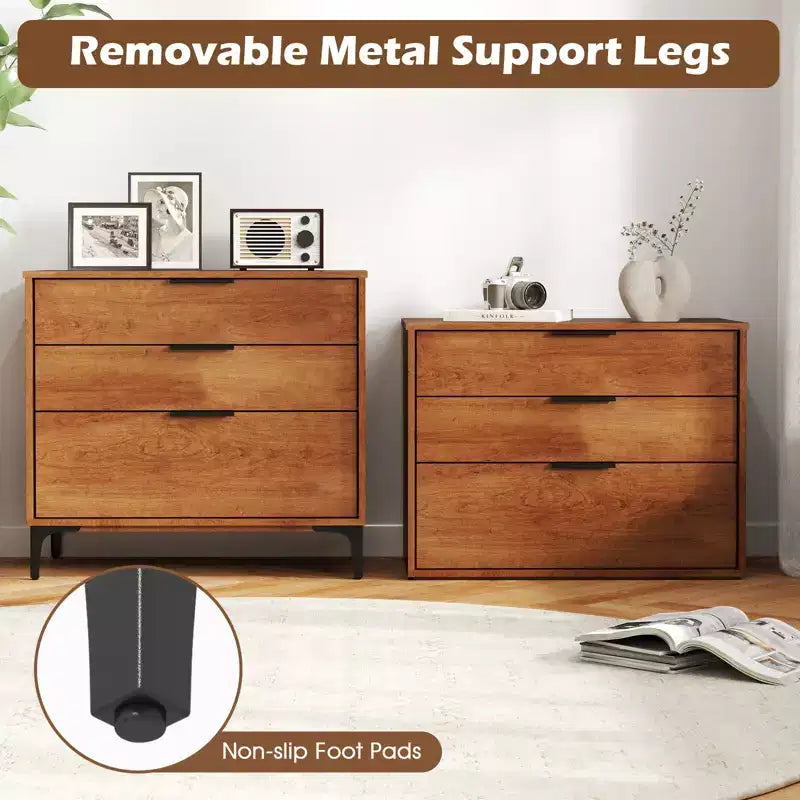 Cassettiera a 3 cassetti con gambe di supporto in metallo e kit antiribaltamento per camera da letto Ciliegio