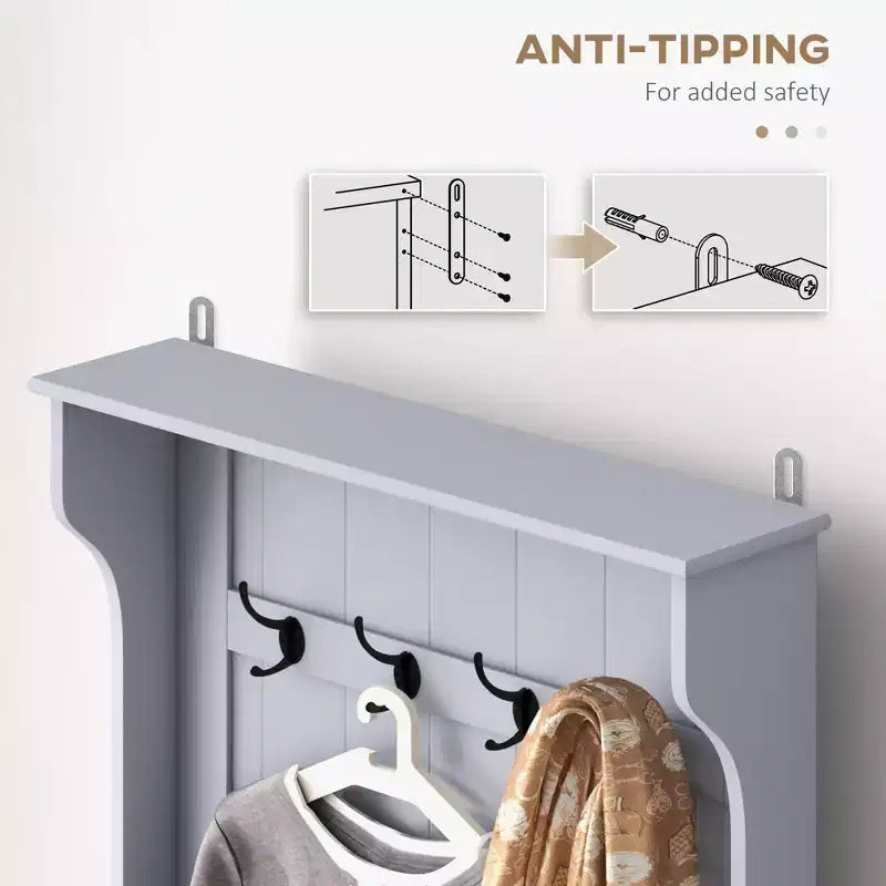 Ingresso con appendiabiti e panca, panca da ingresso con contenitore e ganci