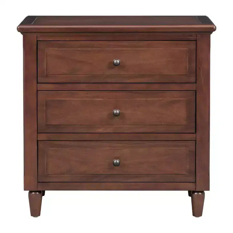 Comodino moderno a 3 cassetti, elegante mobile laterale con maniglie in metallo e gambe in legno di gomma