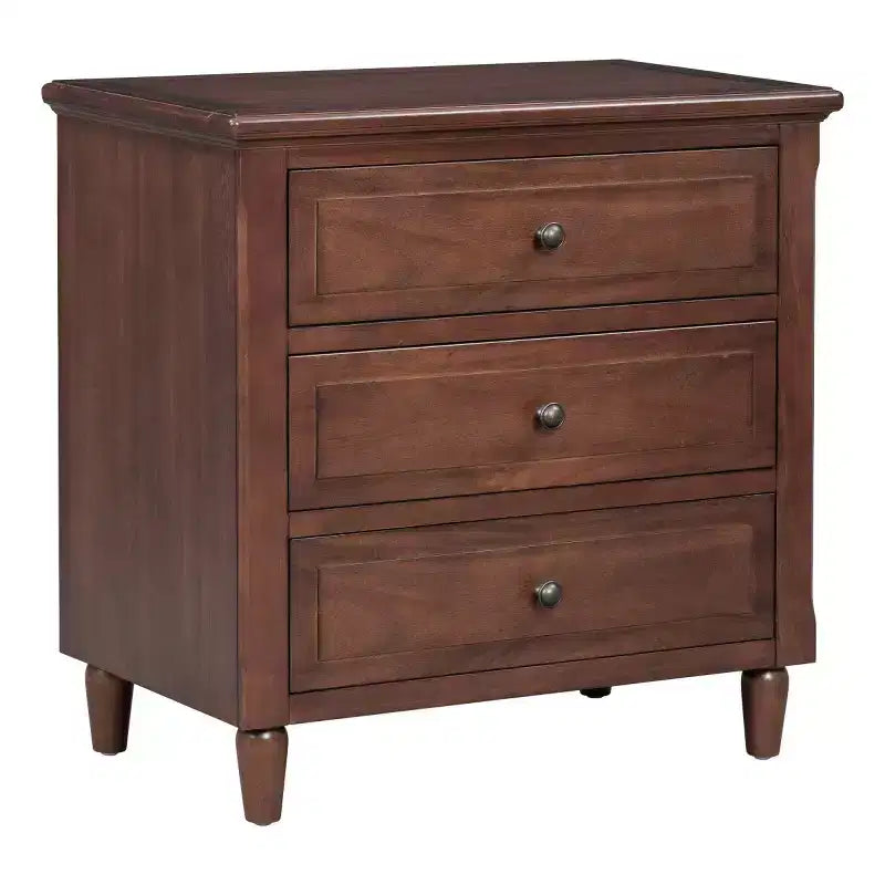 Comodino moderno a 3 cassetti, elegante mobile laterale con maniglie in metallo e gambe in legno di gomma