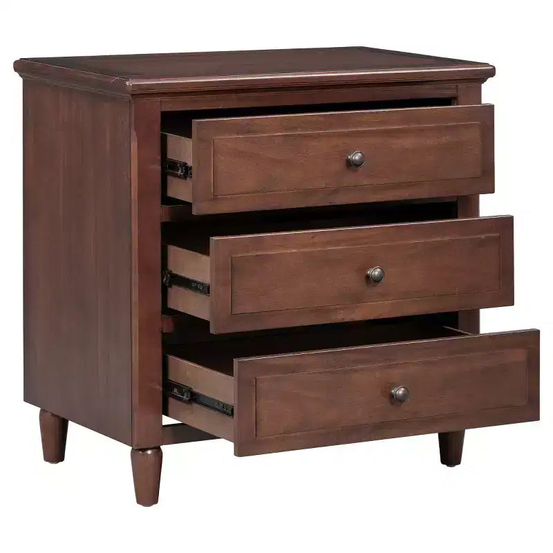 Comodino moderno a 3 cassetti, elegante mobile laterale con maniglie in metallo e gambe in legno di gomma