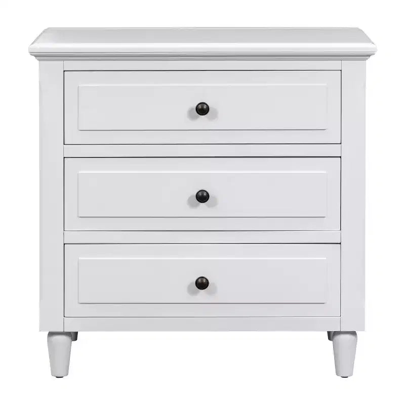 Comodino moderno a 3 cassetti, elegante mobile laterale con maniglie in metallo e gambe in legno di gomma