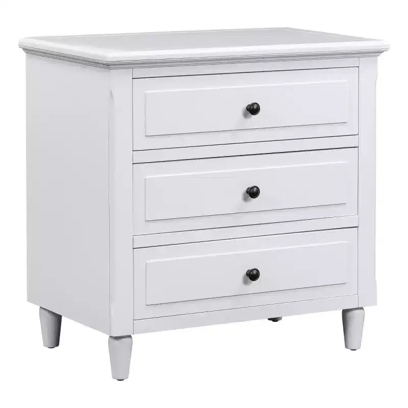 Comodino moderno a 3 cassetti, elegante mobile laterale con maniglie in metallo e gambe in legno di gomma