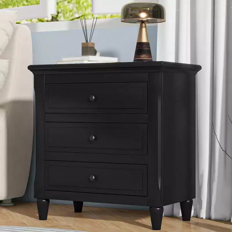 Comodino moderno a 3 cassetti, elegante mobile laterale con maniglie in metallo e gambe in legno di gomma