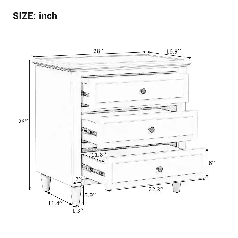 Comodino moderno a 3 cassetti, elegante mobile laterale con maniglie in metallo e gambe in legno di gomma