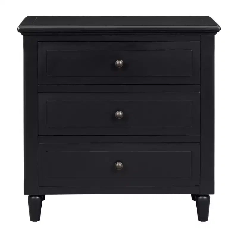 Comodino moderno a 3 cassetti, elegante mobile laterale con maniglie in metallo e gambe in legno di gomma