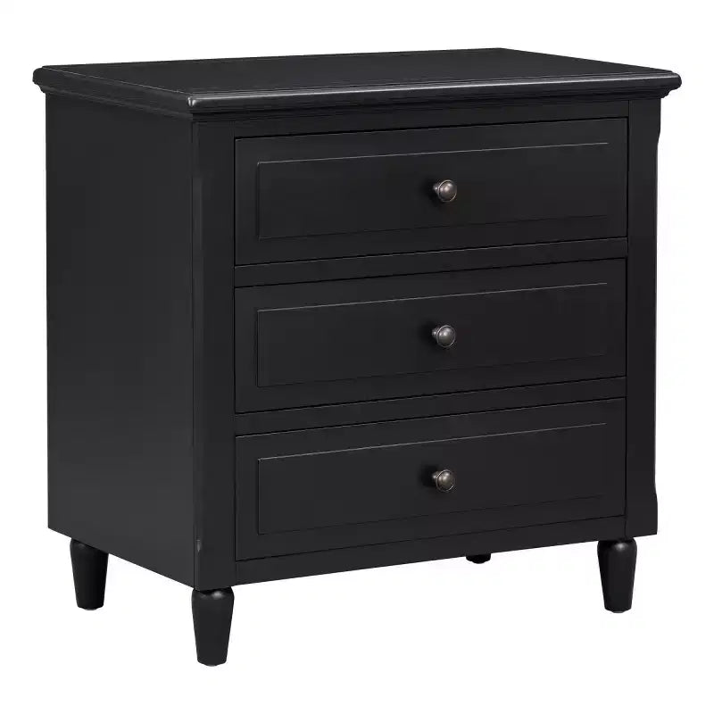 Comodino moderno a 3 cassetti, elegante mobile laterale con maniglie in metallo e gambe in legno di gomma