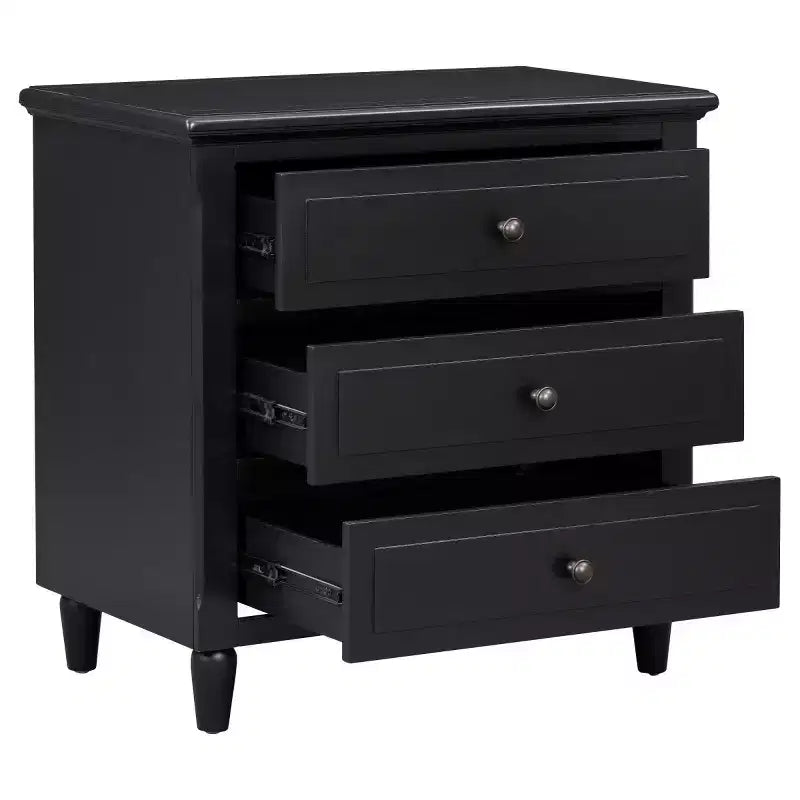 Comodino moderno a 3 cassetti, elegante mobile laterale con maniglie in metallo e gambe in legno di gomma