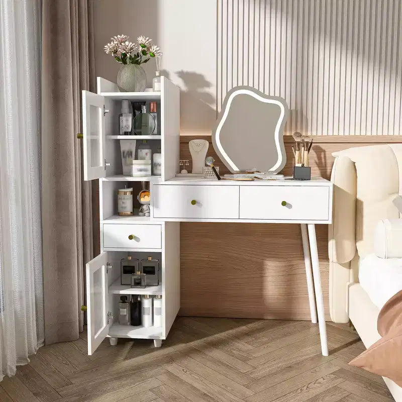 Moderna Toeletta con Specchio dalla Forma Irregolare, Toeletta Trucco con 3 Cassetti, 2 Ripiani Aperti e 4 Armadietti Nascosti, Scrivania Trucco, Bianca