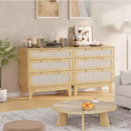 3 Drawer Rattan Dresser for Bedroom, Set of 2 Modern Wooden Dresser Chest with Handles for Bedroom,Anti-Tip Design,Hallway and Living Room
