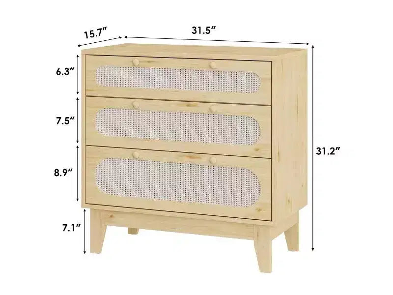 Comodino in Rattan a 3 Cassetti per Camera da Leto, Set di 2 Cassettiere Moderne in Legno con Maniglie per Camera da Letto, Design Antiribaltamento, Corridoio e Soggiorno