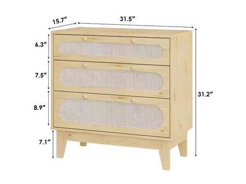 Comodino in Rattan a 3 Cassetti per Camera da Leto, Set di 2 Cassettiere Moderne in Legno con Maniglie per Camera da Letto, Design Antiribaltamento, Corridoio e Soggiorno