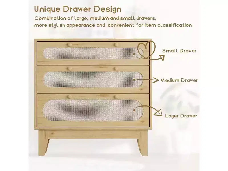 Comodino in Rattan a 3 Cassetti per Camera da Leto, Set di 2 Cassettiere Moderne in Legno con Maniglie per Camera da Letto, Design Antiribaltamento, Corridoio e Soggiorno
