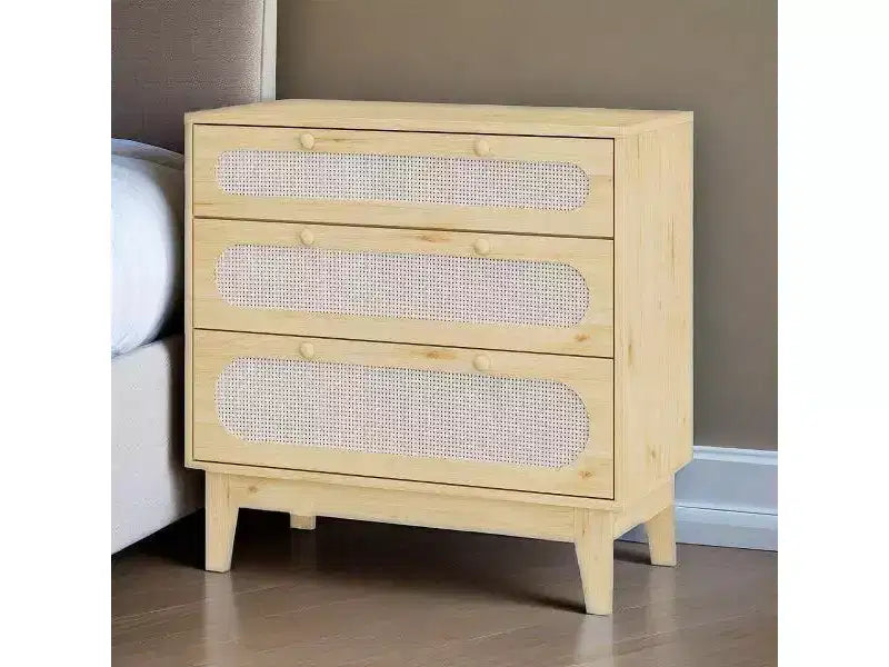 Comodino in Rattan a 3 Cassetti per Camera da Leto, Set di 2 Cassettiere Moderne in Legno con Maniglie per Camera da Letto, Design Antiribaltamento, Corridoio e Soggiorno