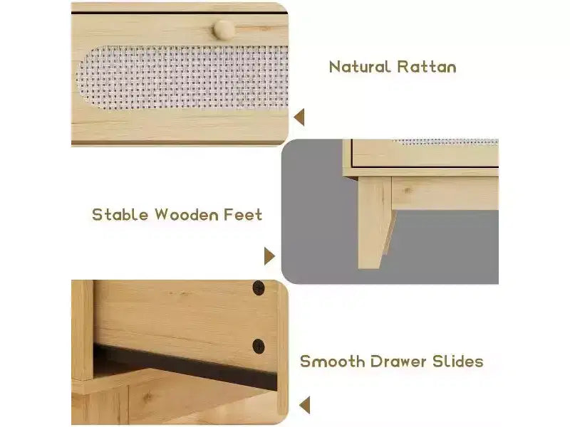 Comodino in Rattan a 3 Cassetti per Camera da Leto, Set di 2 Cassettiere Moderne in Legno con Maniglie per Camera da Letto, Design Antiribaltamento, Corridoio e Soggiorno
