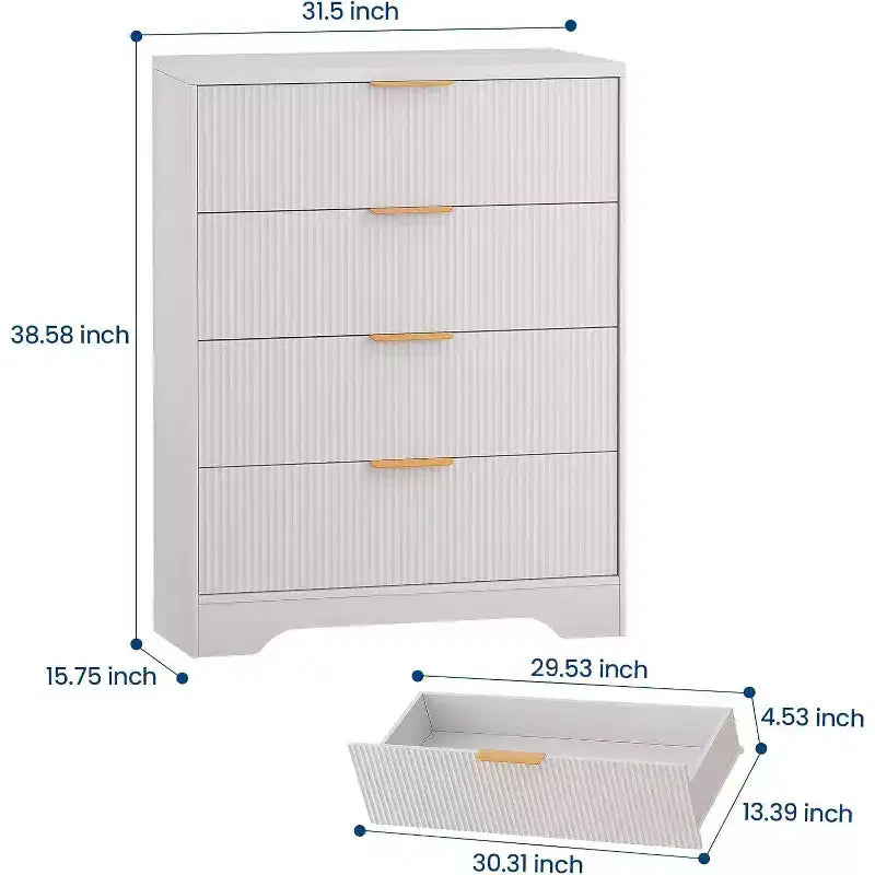 Cassettiera a 4 cassetti 55 White Wave Panel, Armadio Alto con Finitura Effetto Legno, Organizer Multifunzione per Cameretta, Corridoio, Soggiorno