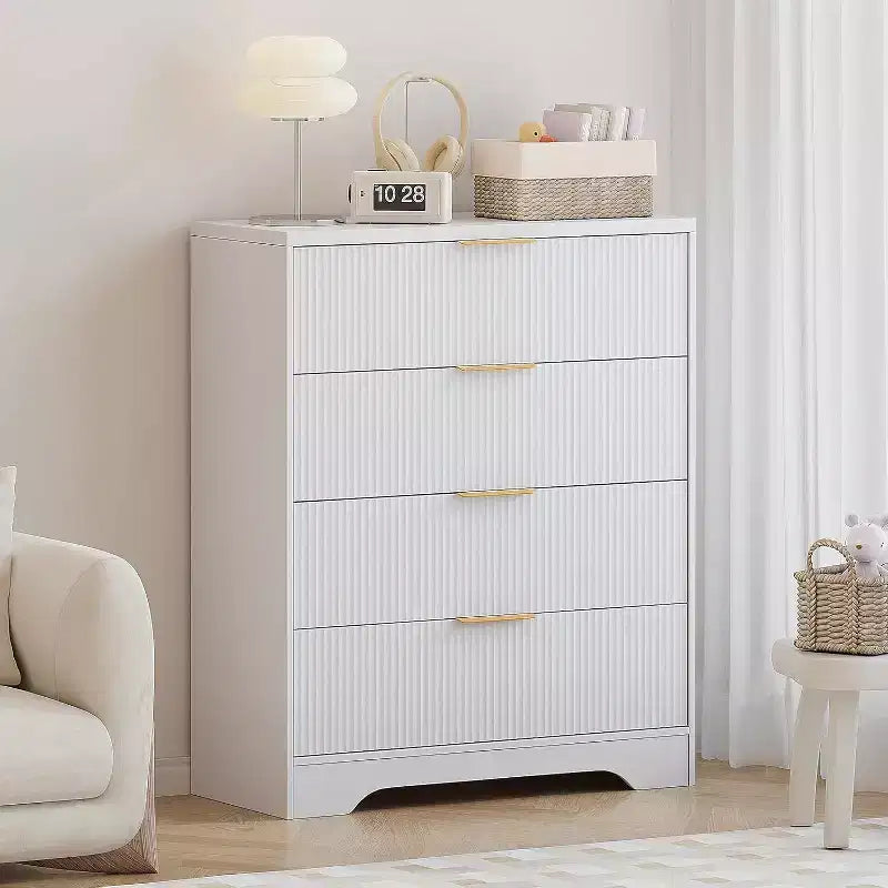 Cassettiera a 4 cassetti 55 White Wave Panel, Armadio Alto con Finitura Effetto Legno, Organizer Multifunzione per Cameretta, Corridoio, Soggiorno