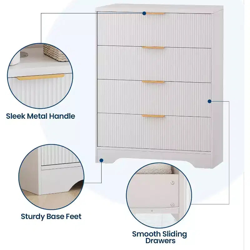 Cassettiera a 4 cassetti 55 White Wave Panel, Armadio Alto con Finitura Effetto Legno, Organizer Multifunzione per Cameretta, Corridoio, Soggiorno