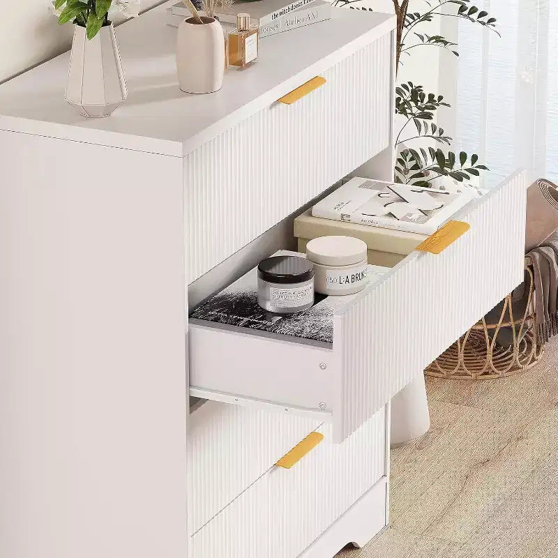 Cassettiera a 4 cassetti 55 White Wave Panel, Armadio Alto con Finitura Effetto Legno, Organizer Multifunzione per Cameretta, Corridoio, Soggiorno