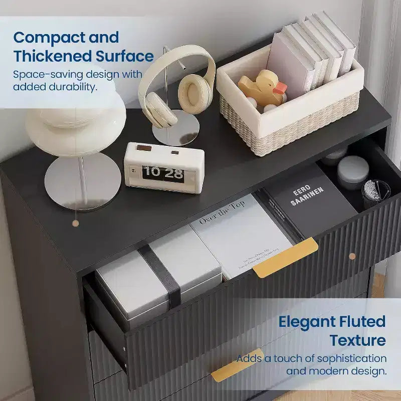 Cassettiera a 4 cassetti 55 White Wave Panel, Armadio Alto con Finitura Effetto Legno, Organizer Multifunzione per Cameretta, Corridoio, Soggiorno