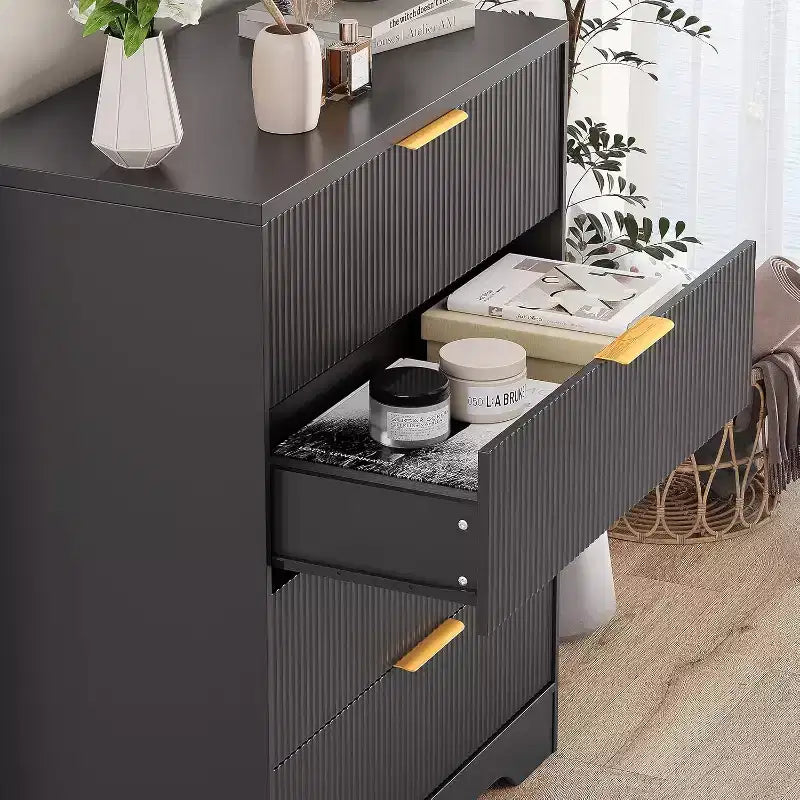 Cassettiera a 4 cassetti 55 White Wave Panel, Armadio Alto con Finitura Effetto Legno, Organizer Multifunzione per Cameretta, Corridoio, Soggiorno