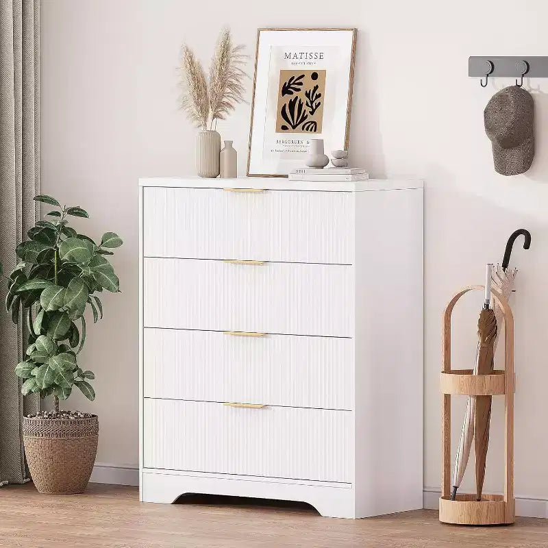 Cassettiera a 4 cassetti 55 White Wave Panel, Armadio Alto con Finitura Effetto Legno, Organizer Multifunzione per Cameretta, Corridoio, Soggiorno