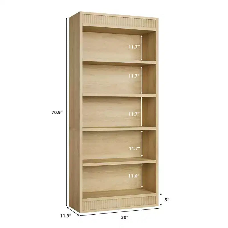 Libreria a colonna da 71 pollici stile fattoria con motivo a doppia scanalatura, libreria alta a 5 ripiani con base in legno, libreria in legno