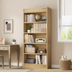 Libreria a colonna da 71 pollici stile fattoria con motivo a doppia scanalatura, libreria alta a 5 ripiani con base in legno, libreria in legno