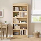 Libreria a colonna da 71 pollici stile fattoria con motivo a doppia scanalatura, libreria alta a 5 ripiani con base in legno, libreria in legno