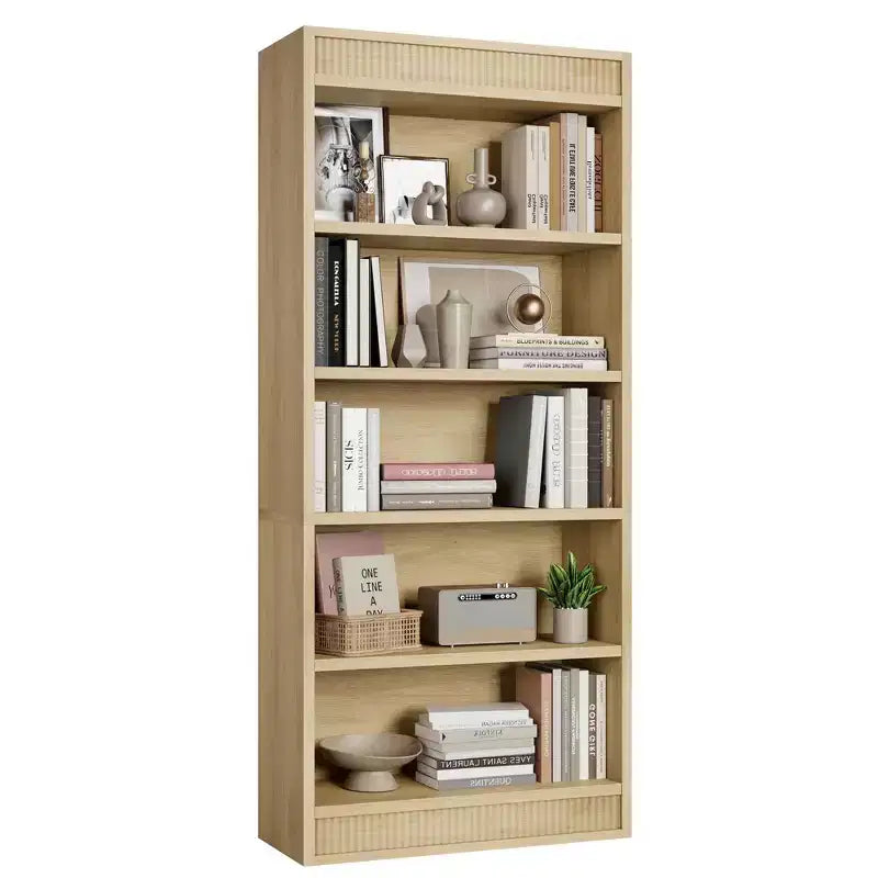 Libreria a colonna da 71 pollici stile fattoria con motivo a doppia scanalatura, libreria alta a 5 ripiani con base in legno, libreria in legno
