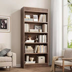 Libreria a colonna da 71 pollici stile fattoria con motivo a doppia scanalatura, libreria alta a 5 ripiani con base in legno, libreria in legno
