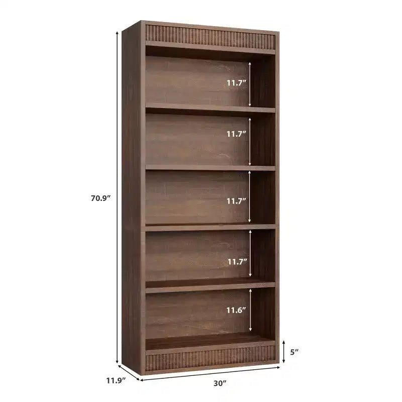 Libreria a colonna da 71 pollici stile fattoria con motivo a doppia scanalatura, libreria alta a 5 ripiani con base in legno, libreria in legno