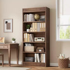 Libreria a colonna da 71 pollici stile fattoria con motivo a doppia scanalatura, libreria alta a 5 ripiani con base in legno, libreria in legno