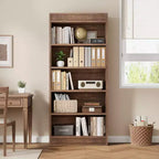 Libreria a colonna da 71 pollici stile fattoria con motivo a doppia scanalatura, libreria alta a 5 ripiani con base in legno, libreria in legno