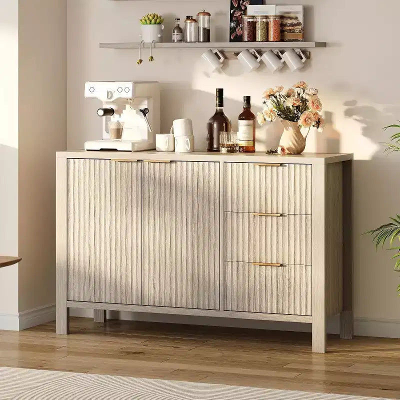 47 Fluted Sideboard Buffet Cabinet, 2 Doors, 3 Drawers, Adjustable Shelf, for Dining Room, Living Room, Entryway