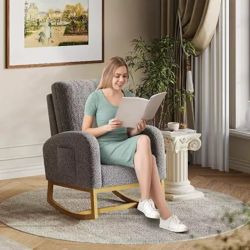 Modern Rocking Chair, Soft Faux Lambskin Upholstered Glider Rocking Chair with High Backrest, Side Pockets