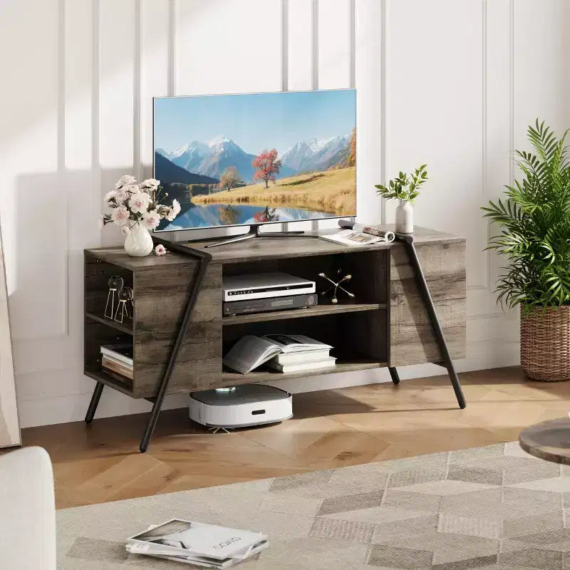 Mobile TV, Centro di Intrattenimento Moderno con Ripiani Regolabili, Fori Passacavi, Console Multimediale, Gambe in Metallo a U, per Soggiorno, Camera da Letto, Arredo Ufficio