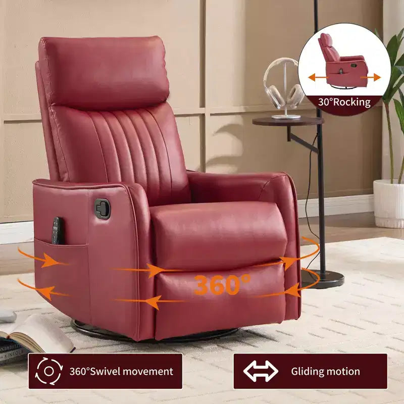 Poltrona reclinabile manuale in similpelle nera con massaggio e riscaldamento, dondolo e girevole per soggiorno