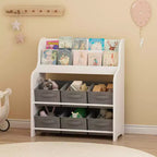 Libreria con 6 contenitori in tessuto, scaffale per bambini e organizer per giocattoli multifunzionale bianco