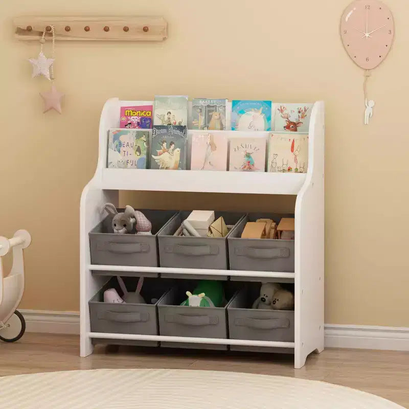 Libreria con 6 contenitori in tessuto, scaffale per bambini e organizer per giocattoli multifunzionale bianco