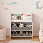 Libreria con 6 contenitori in tessuto, scaffale per bambini e organizer per giocattoli multifunzionale bianco