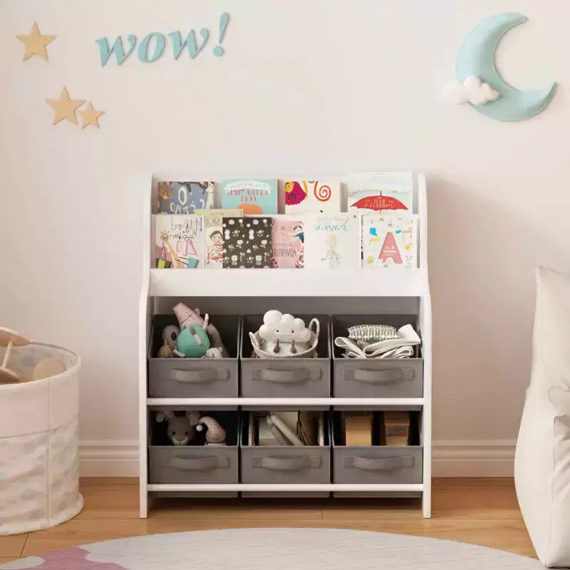 Libreria con 6 contenitori in tessuto, scaffale per bambini e organizer per giocattoli multifunzionale bianco