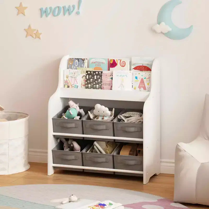 Libreria con 6 contenitori in tessuto, scaffale per bambini e organizer per giocattoli multifunzionale bianco